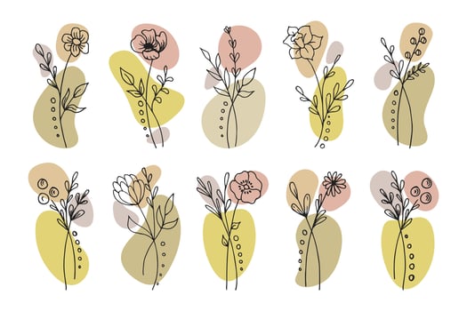 Hand drawn outline doodle flowers, set. Sketch, botanical icons, vector