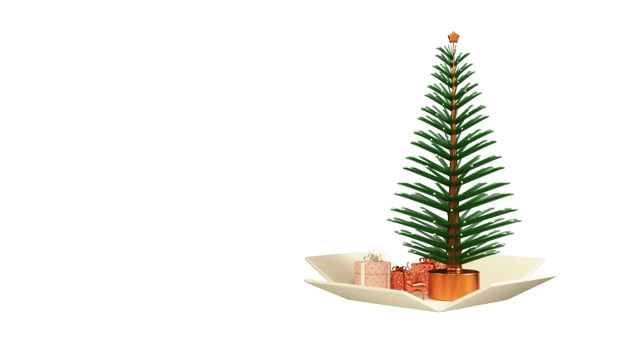 3D Render Of Christmas Or Spruce Tree With Gift Boxes, Golden Reindeer And Copy Space. png