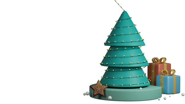 3D Render Of Xmas Tree Decorated By Lighting Garland Over Podium With Gift Boxes, Star Shape Gingerbread, Snowball Against Background And Copy Space. png