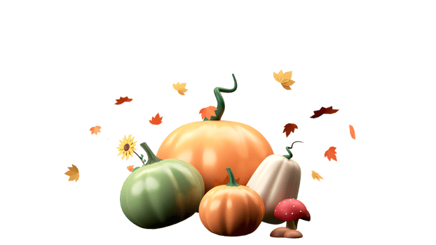 3D Render Of Pumpkins With Sunflower, Toadstools And Autumn Leaves Against Background. png