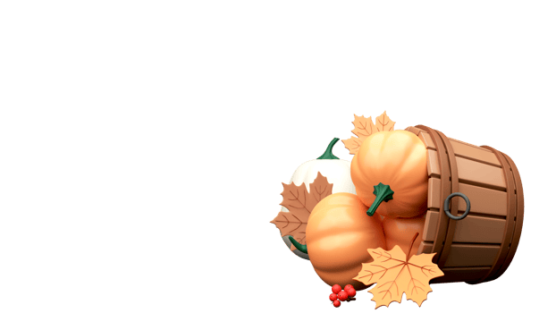 3D Render Wood Basket Full Of Pumpkin With Maple Leaves, Berries And Copy Space Against Background. png