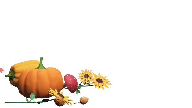 3D Render Of Pumpkins With Sunflowers, Toadstool, Pine Cone, Ground Cherry Against Background And Copy Space. png
