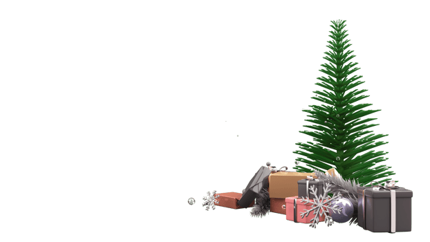 3D Render Of Xmas Or Spruce Tree With Gift Boxes, Silver Snowflakes, Bauble Decorated Background And Copy Space. png