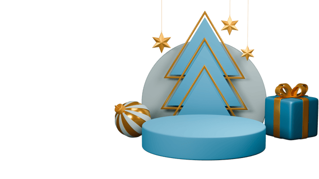 3D Render Of Overlapping Triangle Shapes With Empty Podium, Bauble, Gift Box, Golden Stars Hang With Copy Space png