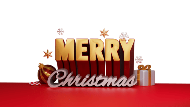 3D Render Merry Christmas Text With Realistic Gift Box, Bauble, Candy Cane, Golden Stars And Snowflakes. png