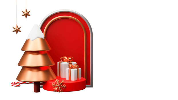 3D Render Copper Xmas Tree With Gift Boxes Over Podium, Glitter Snowflakes, Candy Stick, Stars Hang And Copy Space png
