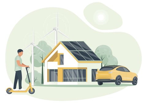 The concept of alternative electricity. Clean green energy from renewable sources concept. Modern eco house with windmills and solar energy panels, electric car. Vector illustration.