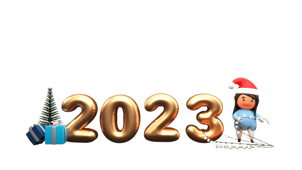 3D Render Golden 2023 Number With Cute Girl Holding Lighting Garland, Xmas Tree And Gift Boxes Against Background. png