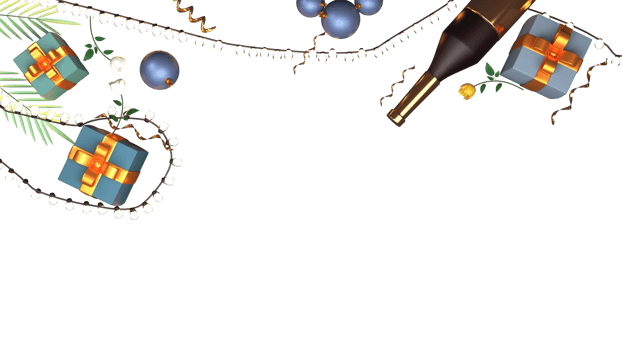 3D Render Top View Of Gift Boxes With Champagne Bottle, Baubles, Rose Flowers, Lighting Garland Decorated Background And Copy Space. png