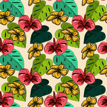 Seamless floral pattern with plumeria flowers and tropical leaves vector
