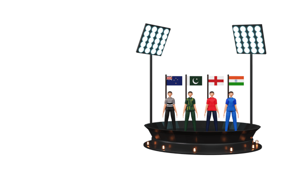 3D Render Of Cricket Team Players Standing With Their National Flag As New Zealand, Pakistan, England, India On Stage And Stadium Lights. png