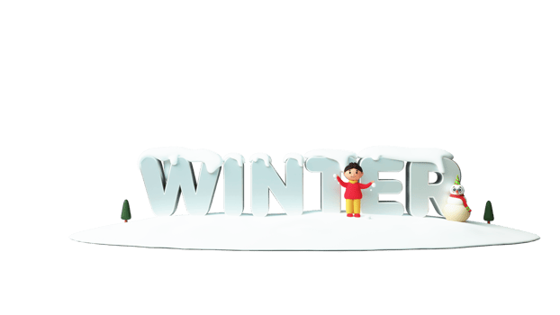 3D Render Winter Text With Young Girl Holding Snow Balls, Snowman, Xmas Tree. png
