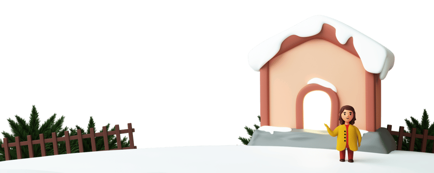 3D Illustration Young Girl Standing In Front Of Snow Cover House With Fence, Fir Tree Against Background And Copy Space. png