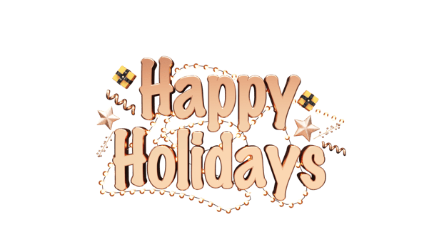 3D Render Copper Happy Holidays Text With Lighting Garland, Gift Boxes, Stars, Curl Confetti And Berry Stem Decorated Background. png
