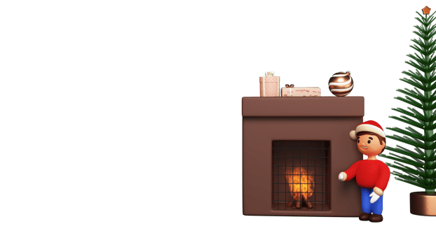 3D Render Of Boy Wearing Santa Hat And Fireplace Arch Against Background With Copy Space. png
