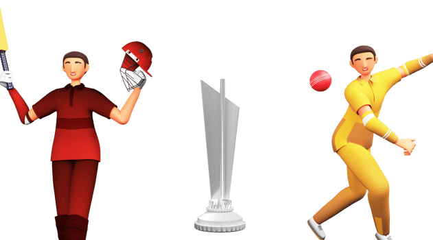 3D Render Cricket Batsman With Bowler Player Of Participating Countries Team And Silver Winner Trophy Cup Against Background. png