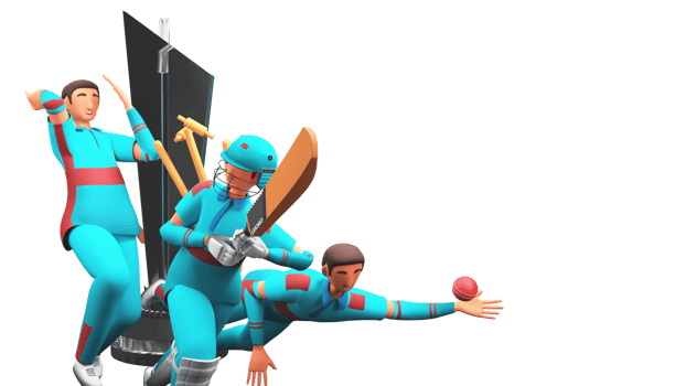 3D Illustration Of Cricket Players In Different Poses With Silver Winning Trophy Cup And Copy Space. png
