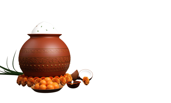 3D Render Mud Pot Full Of Grain With Sweets Plate, Lit Oil Lamp, Coconut, Marigold Flowers, Sugarcane And Copy Space. png