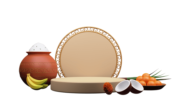 3D Illustration Of Pongal Festival Elements And Empty Circular Frame Against Background. png