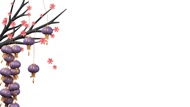 3D Sakura Flower Branch Decorated With Chinese Lanterns Hang Against Background And Copy Space. png