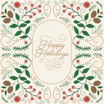 Happy Holidays Lettering Over Background Decorated By Berry, Flowers, Fir Leaves, Pine Cones And Swirl Lines. vector