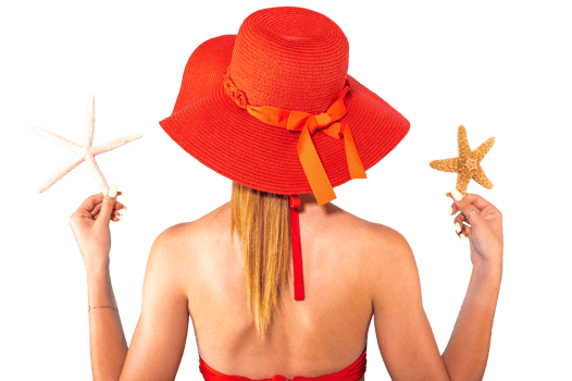 woman in swimsuit and starfish in hand enjoys the summer png