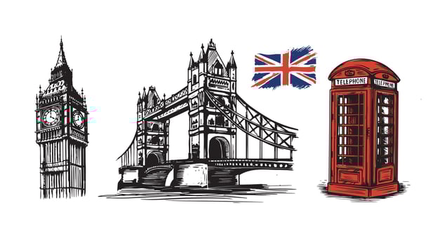 Big Ben, Tower bridge, telephone booth, hand drawn illustrations, sketch style. Vector. vector