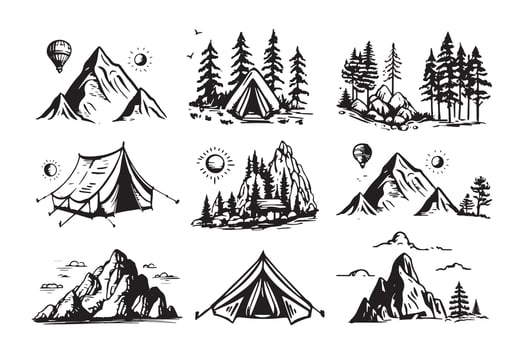 Camping set, Mountain landscape, hand drawn style, vector illustration.