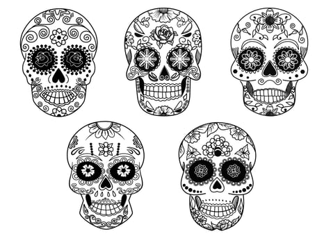 vector set of sugar skulls black and white