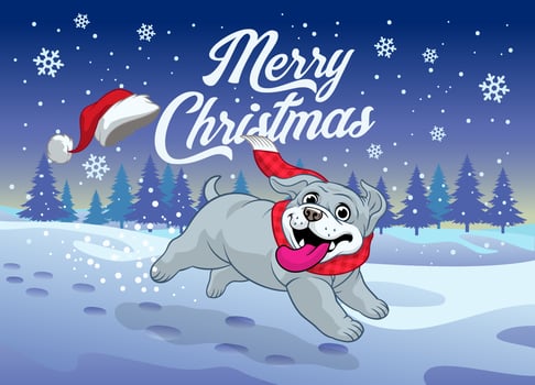 Happy Cartoon Bulldog Playing in the Snowy Christmas Winter vector
