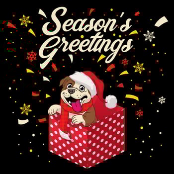 Happy Cartoon Bulldog Coming Out of the Gift Box vector
