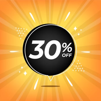 30 percent off. Yellow banner with thirty percent discount on a black balloon for mega big sales. vector