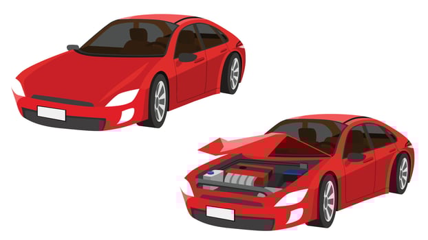 Cartoon vector or illustration isomatic. Status of the red sport car from normal car to the car was slightly damaged. Severely damaged front broken open hood.