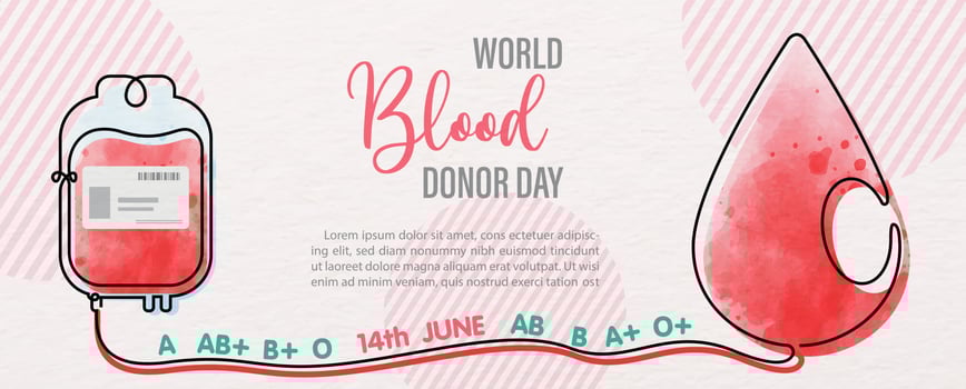 Giant blood droplet with Blood bag in one line style and the day and name of event, example texts on pink background. Poster campaign of world blood donor day in line art and watercolor style. vector