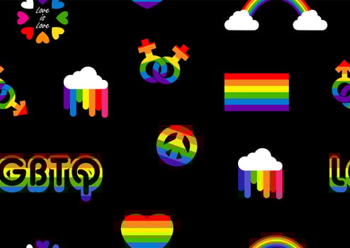 Sign and symbols of LGBT pride day and month in seamless wallpaper and gift wrap isolated on black background. vector