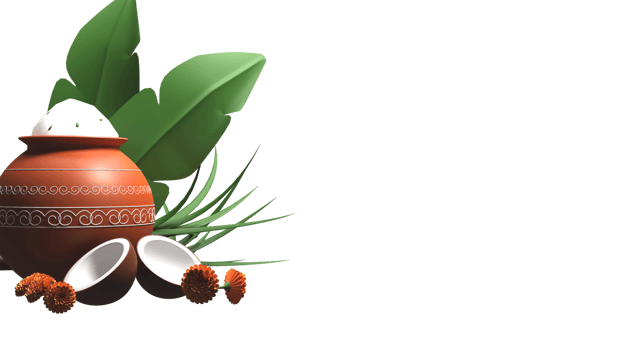 3D Of Pongali Rice In Mud Pot With Coconut, Marigold Flowers, Banana Leaves, Sugarcane And Copy Space. png