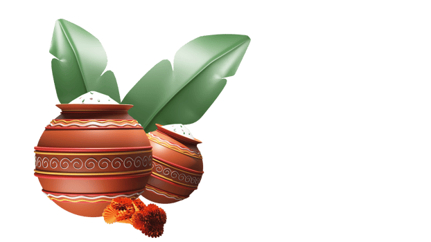 3D Mud Pot Full Of Grain Flour With Banana Leaves, Marigold Flowers And Copy Space. png