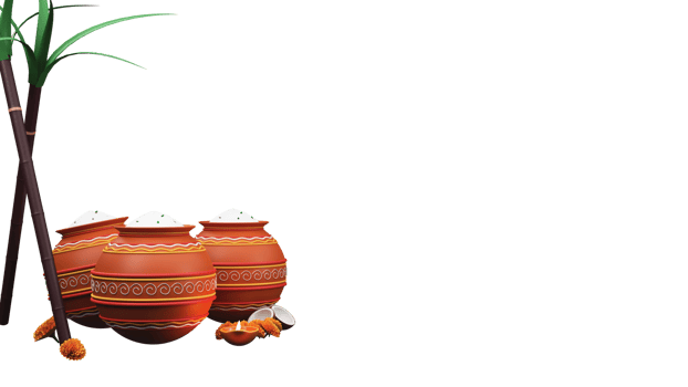 3D Mud Pot Full Of Pongali Rice Or Grain With Sugarcanes, Coconut, Lit Oil Lamp, Marigold Flowers Decorated Background. png