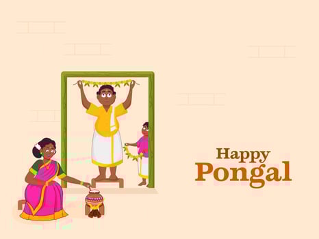 Portrait Of South Indian Family Preparing For Pongal Festival. vector