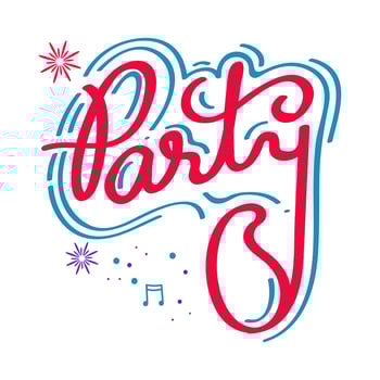 Strippy Party Text Sticker In Red And Turquoise Color. vector