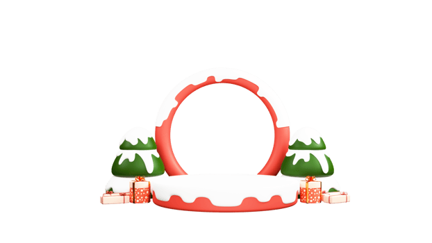 3D Snow Cover Empty Round Frame With Podium, Gift Boxes, Spruce Or Xmas Tree On Against Background. png