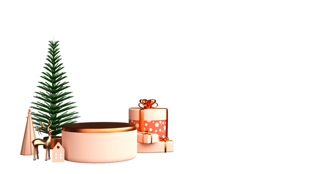 3D Christmas Tree With Gift Boxes, Reindeer, House And Empty Podium Against Background. png