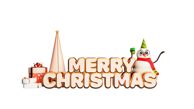 3D Render, Merry Christmas Text With Cute Snowman Enjoying Drink, Xmas Tree And Gift Box. png