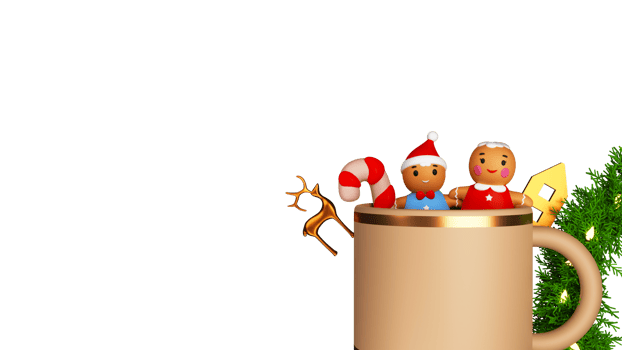 3D Render Of Cartoon Gingerbread With Candy Cane In Mug, Reindeer, House, Tinsel Garland Decorated Background And Copy Space. png