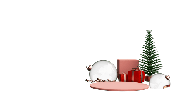 3D Rendering Of Christmas Tree With Gift Boxes, Glass Baubles, Golden Berry Stem Decorated Background And Copy Space. png