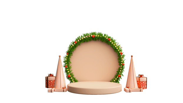 3D Rendering Of Empty Decorative Circular Frame With Xmas Tree And Gift Boxes Decorated Background. png