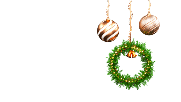 3D Christmas Wreath With Baubles Hang By Lighting Garland And Copy Space. png