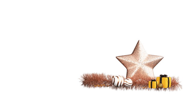 3D Rendering Star With Baubles, Gift Boxes, Tinsel Garland Against Background And Copy Space. png