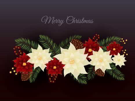Merry Christmas Concept With Poinsettia Flowers, Fir Leaves, Pine Cones And Berries On Gradient Maroon Background. vector