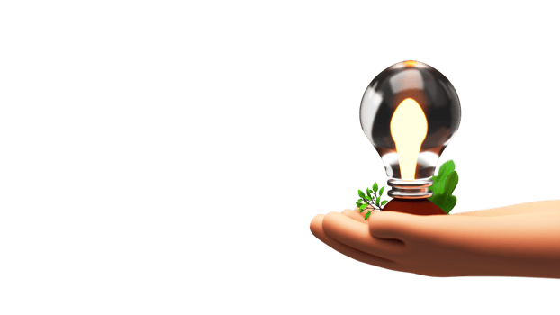 3D Human Hand Holding Lit Light Bulb With Leaves Against Background And Copy Space. png